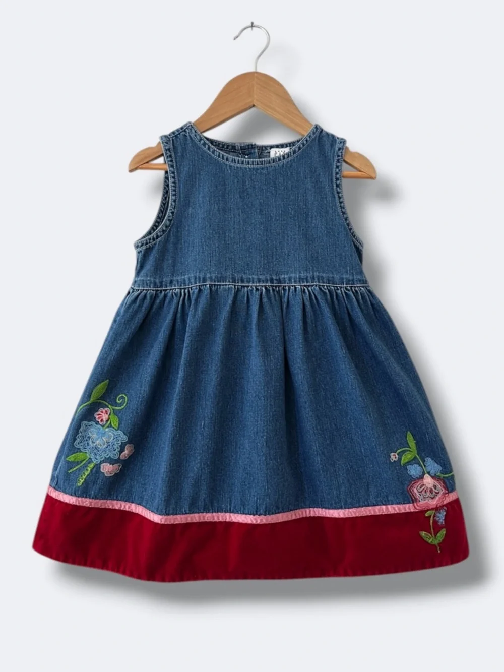 Baby Gap Y2K Denim Jumper Dress Girls 4 Years Embroidered Floral Velvet Hem